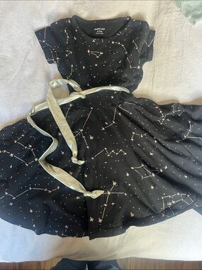 Girls' Black Constellation Fit-and-Flare Dress with Satin Belt